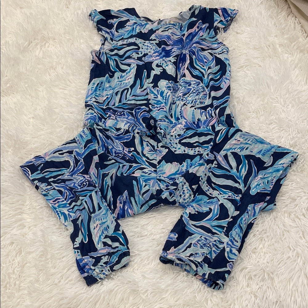 Lilly Pulitzer navy patterned one-piece with elastic waist. 100% cotton.